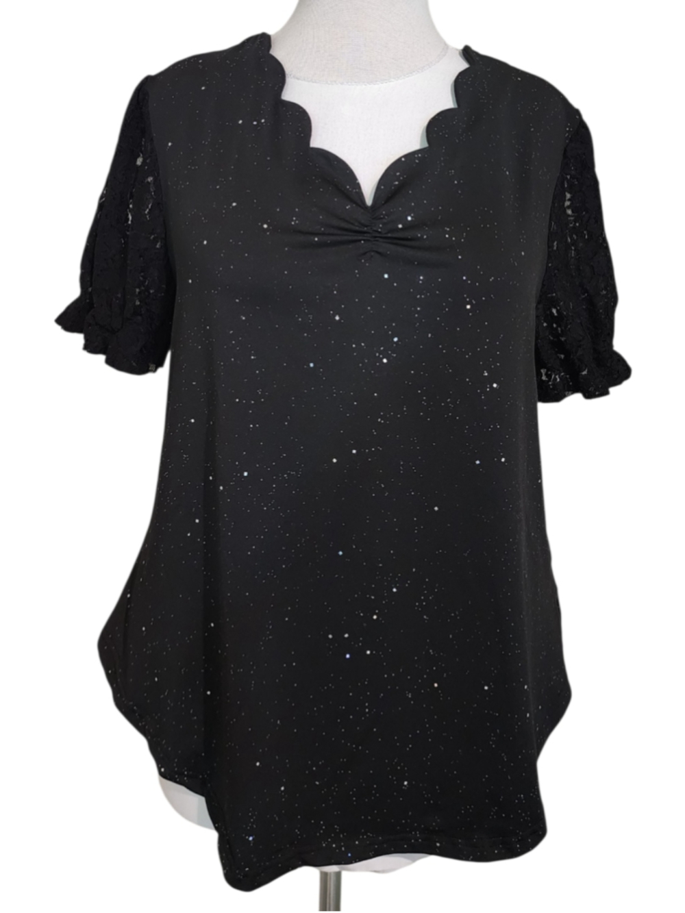Black Glitter Sparkle Top 1XL Lace Puff Sleeves Twist Front Blouse Holiday Party